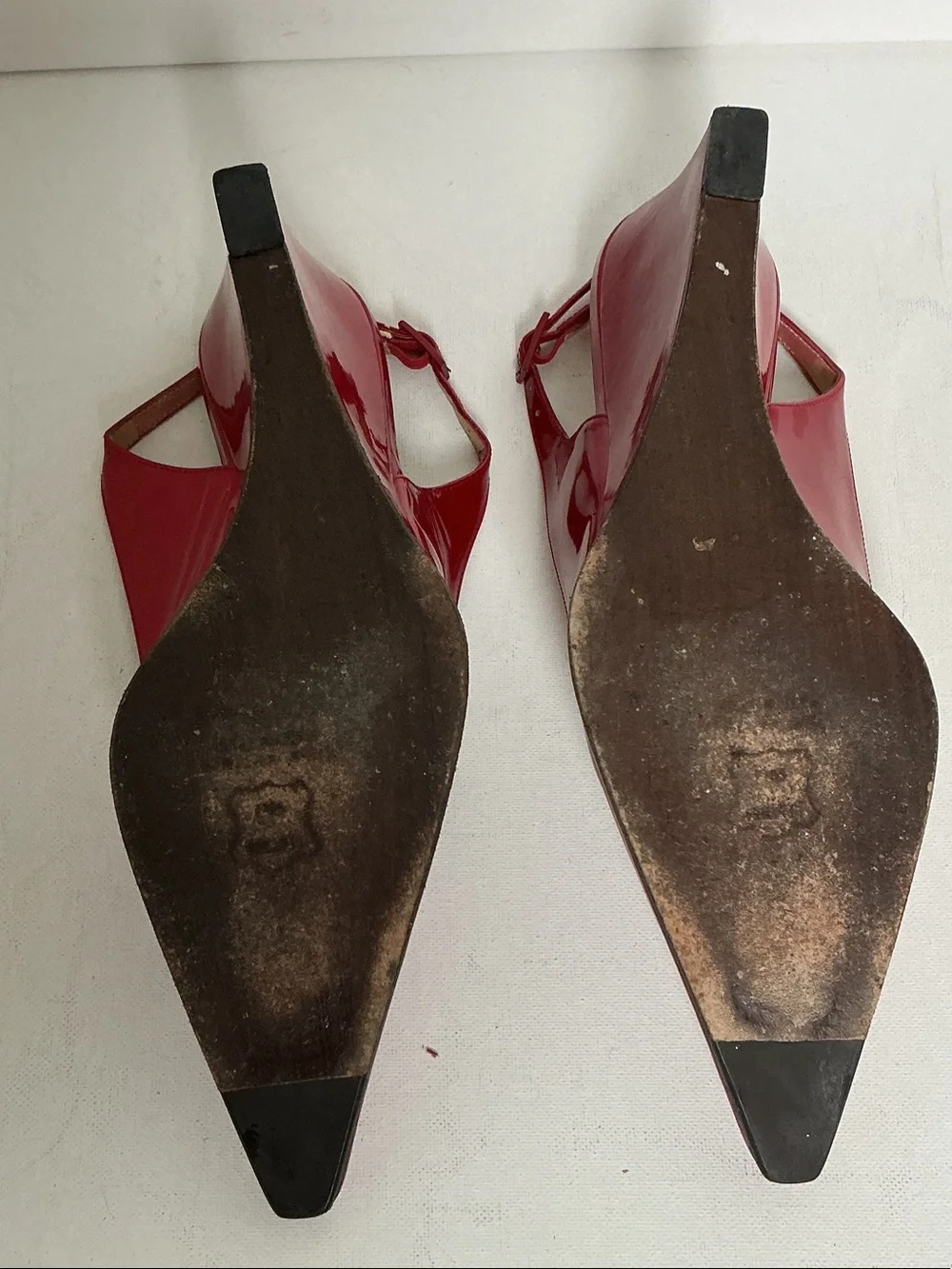 Stuart Weitzman Pointed Toe Slingback Ruby Red Patent Leather Wedge
